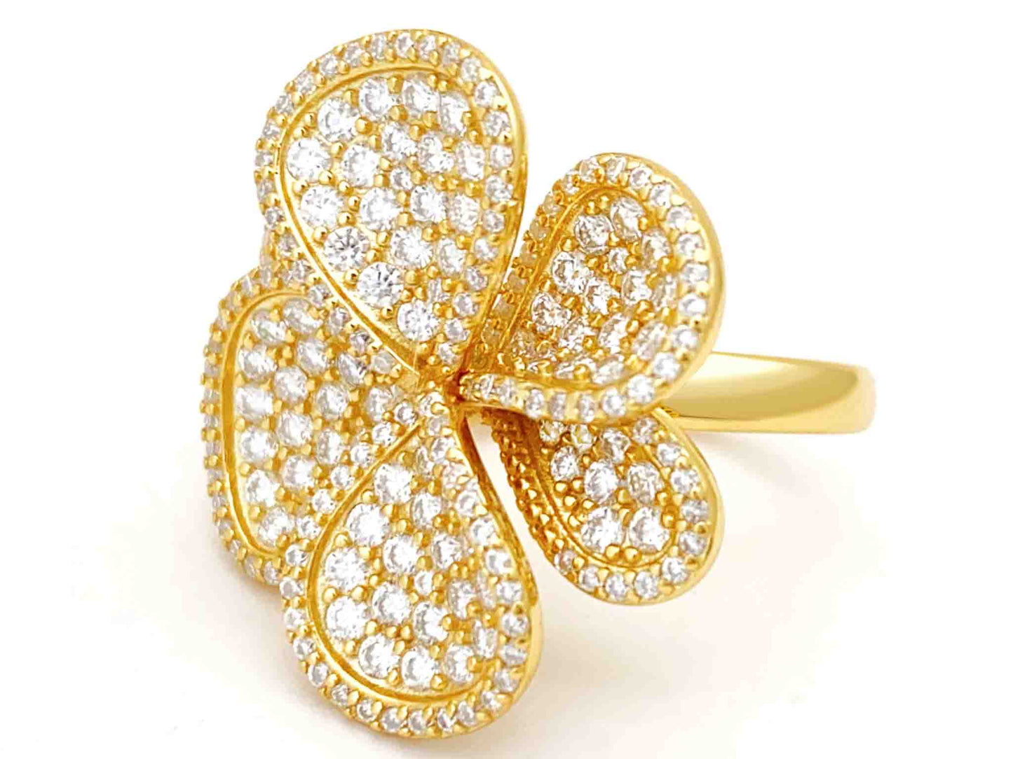 Gele ring in bloemvorm vol gezet met rijen aan briljanten