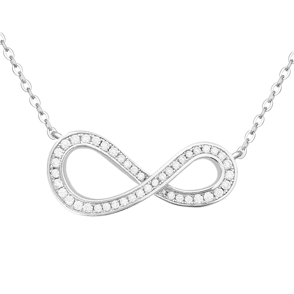 Witte ketting met infinity hanger rond gezet met briljanten