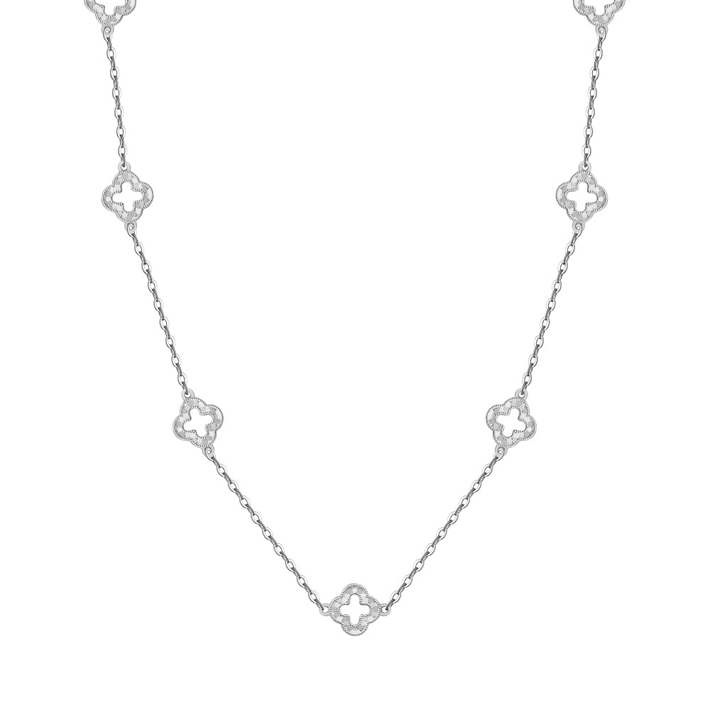 Witte collier met open klavertjes rhodium verguld