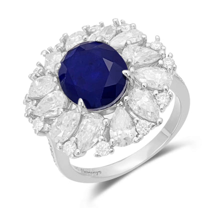 Design ring met briljanten, peer vorm briljanten en een grote saffier blauwe ovaal