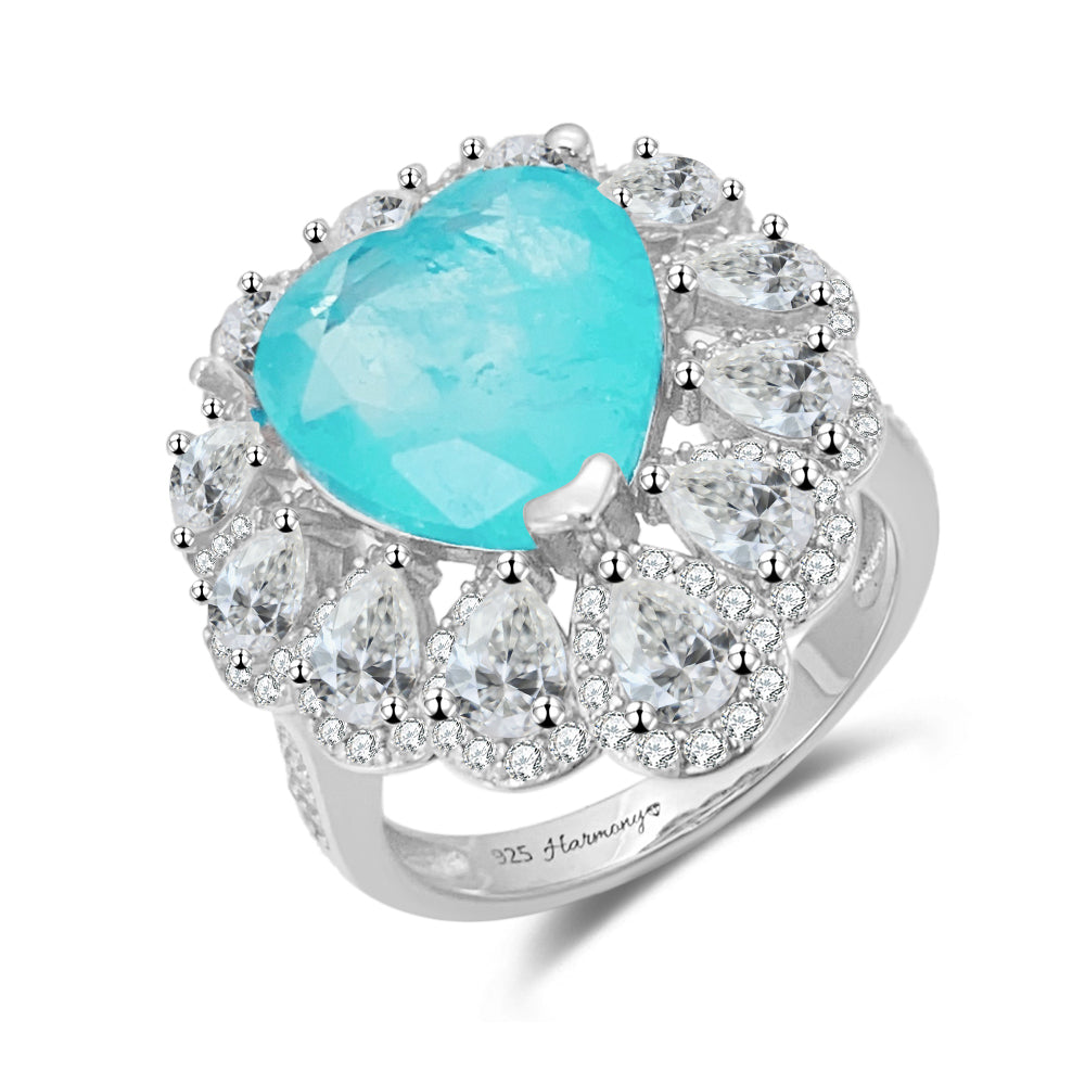 Entourage ring met een grote sky blue hartvorm briljant, kleine briljant en druppelvorm briljanten
