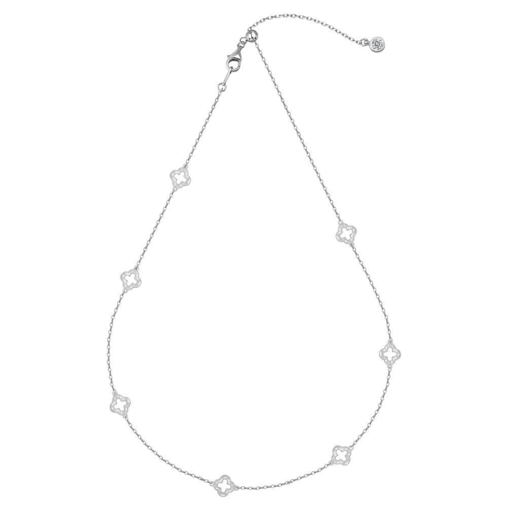 Witte collier met open klavertjes rhodium verguld